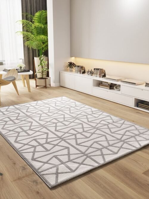 Alfombra Geométrica Con Relieve Flora Plata 12937 19